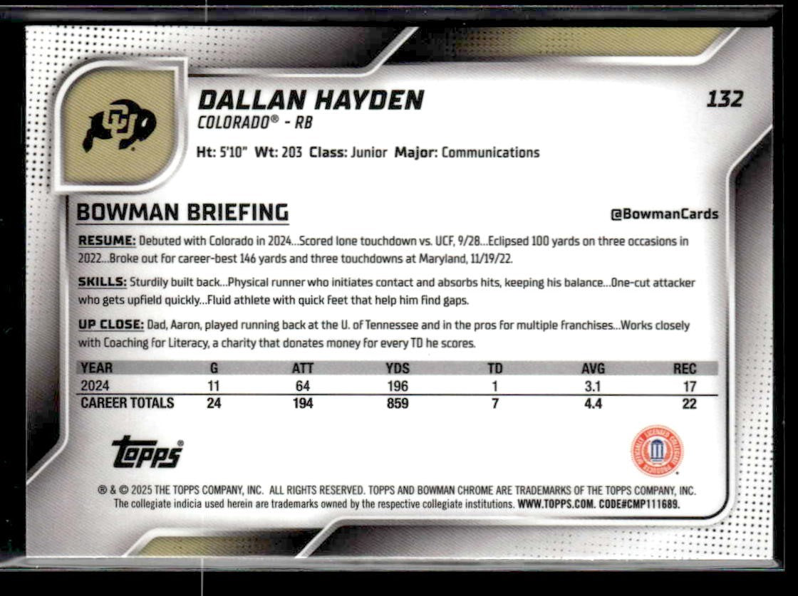 2025 Bowman University Chrome #132 Dallan Hayden