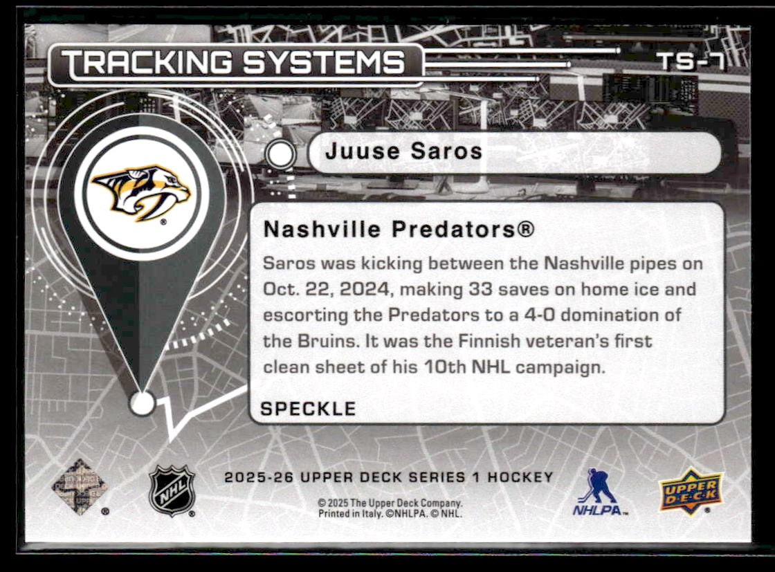 2025-26 Upper Deck #TS-7 Juuse Saros Tracking Systems Speckle