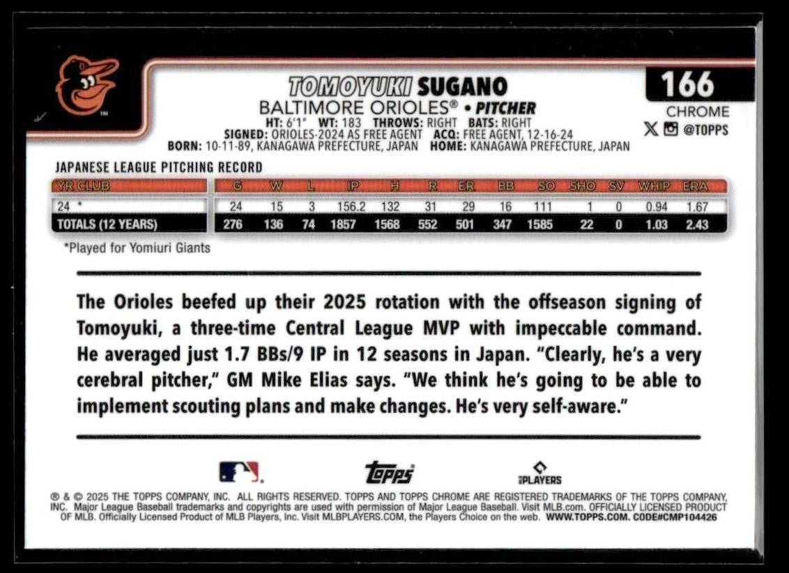 2025 Topps Chrome #166 Tomoyuki Sugano X-Fractors