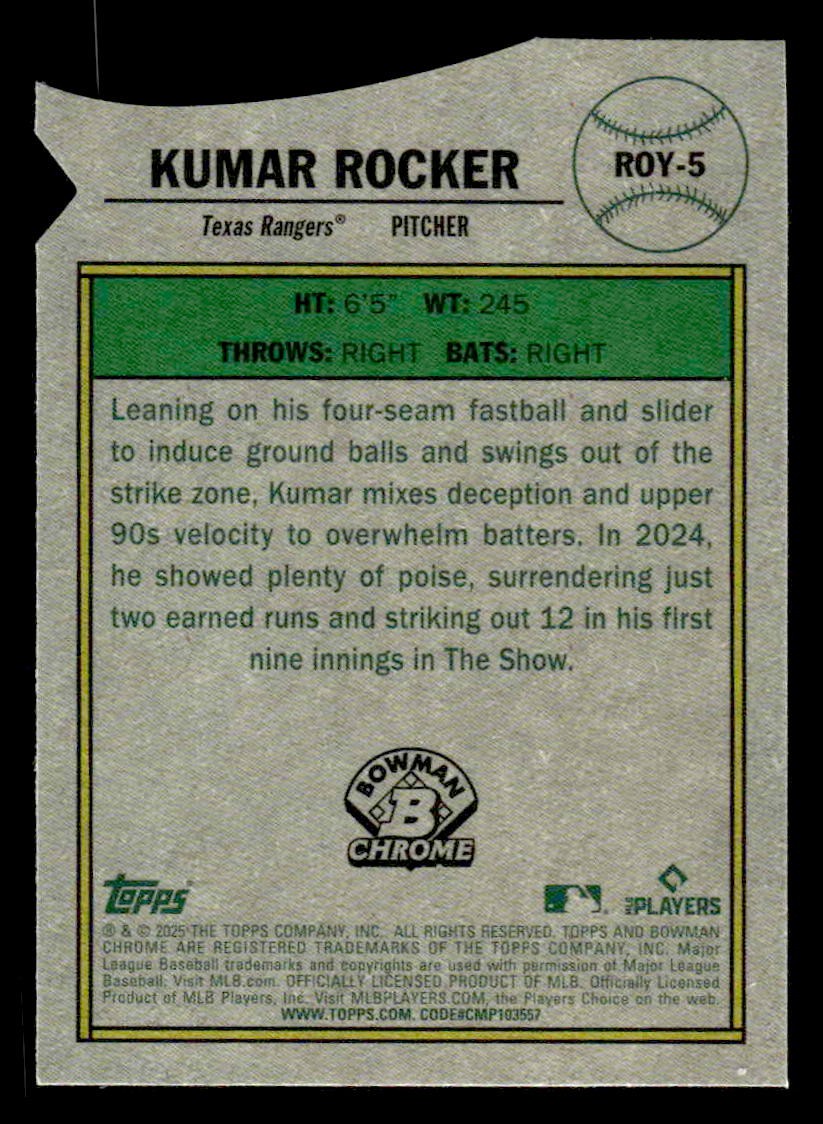 2025 Bowman #ROY-5 Kumar Rocker Rookie of the Year Favorites Mega Refractor