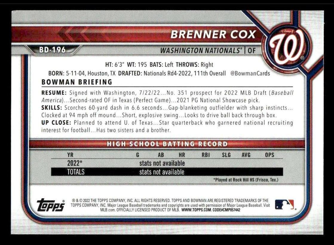 2022 Bowman Draft 1st Edition #BD-196 Brenner Cox