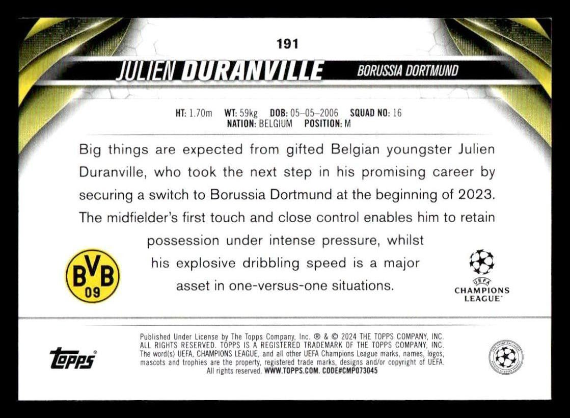 2023-24 Topps Jade Edition UEFA Club Competitions #191 Julien Duranville