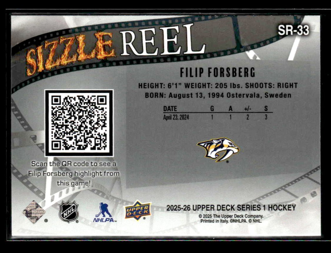 2025-26 Upper Deck #SR-33 Filip Forsberg Sizzle Reel