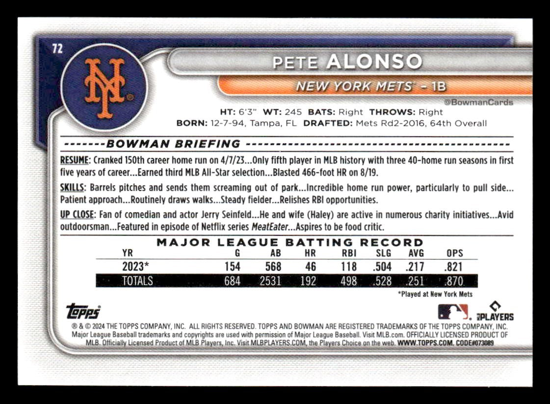 2024 Bowman #72 Pete Alonso