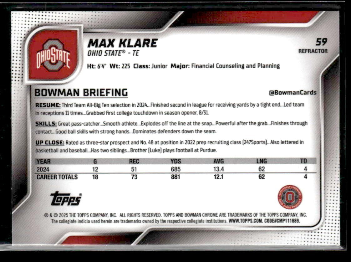 2025 Bowman University Chrome #59 Max Klare Refractor