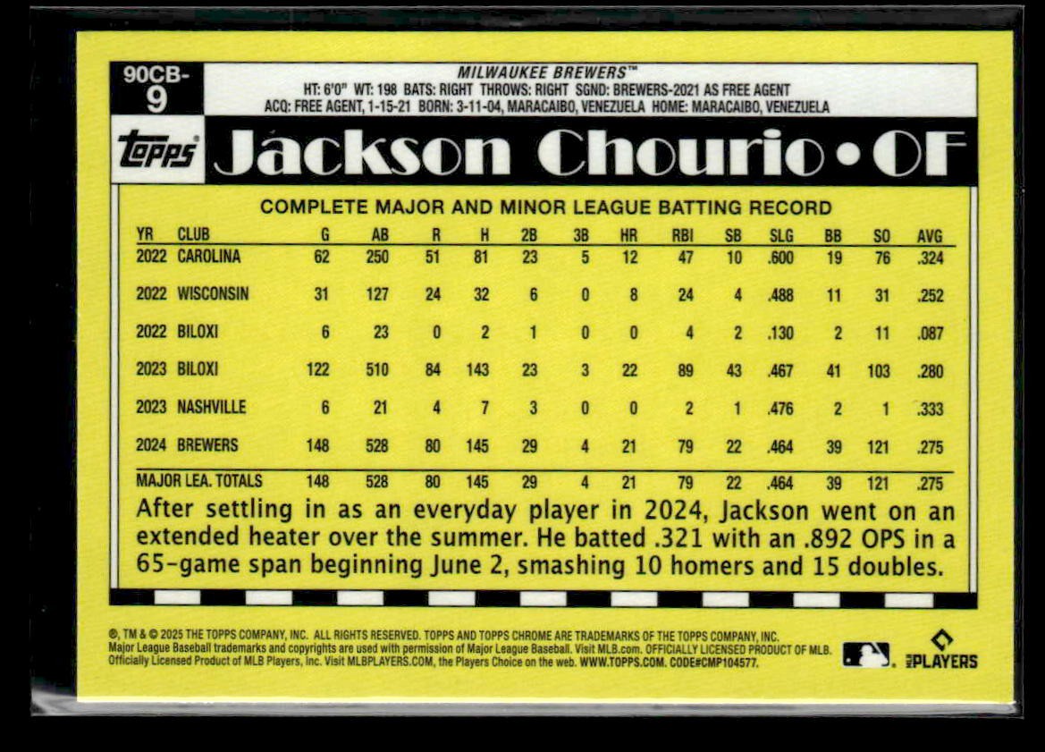2025 Topps Chrome #90CB-9 Jackson Chourio 1990 Topps Baseball 35th Anniversary