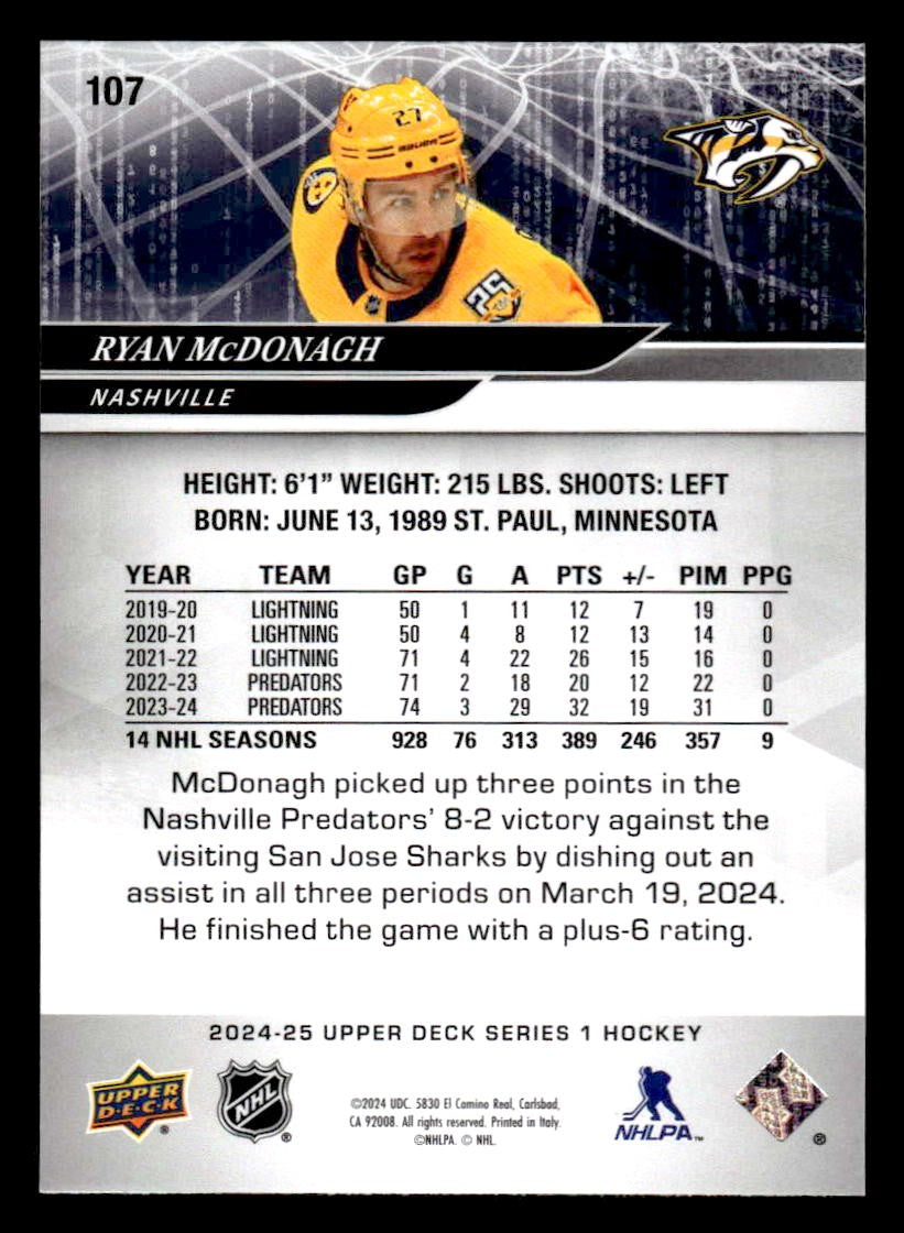2024-25 Upper Deck #107 Ryan McDonagh