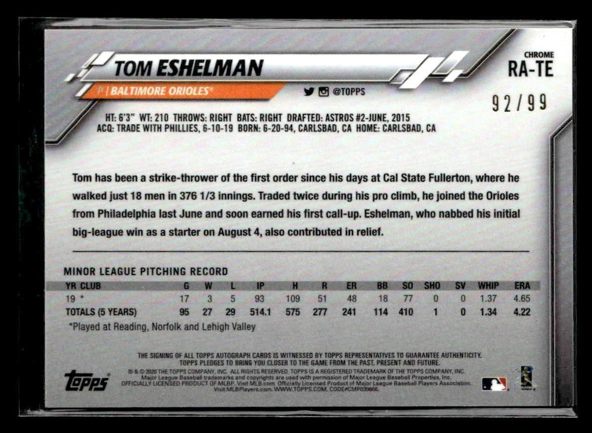2020 Topps Chrome #RA-TE Tom Eshelman Rookie Autographs Green Refractor #/99