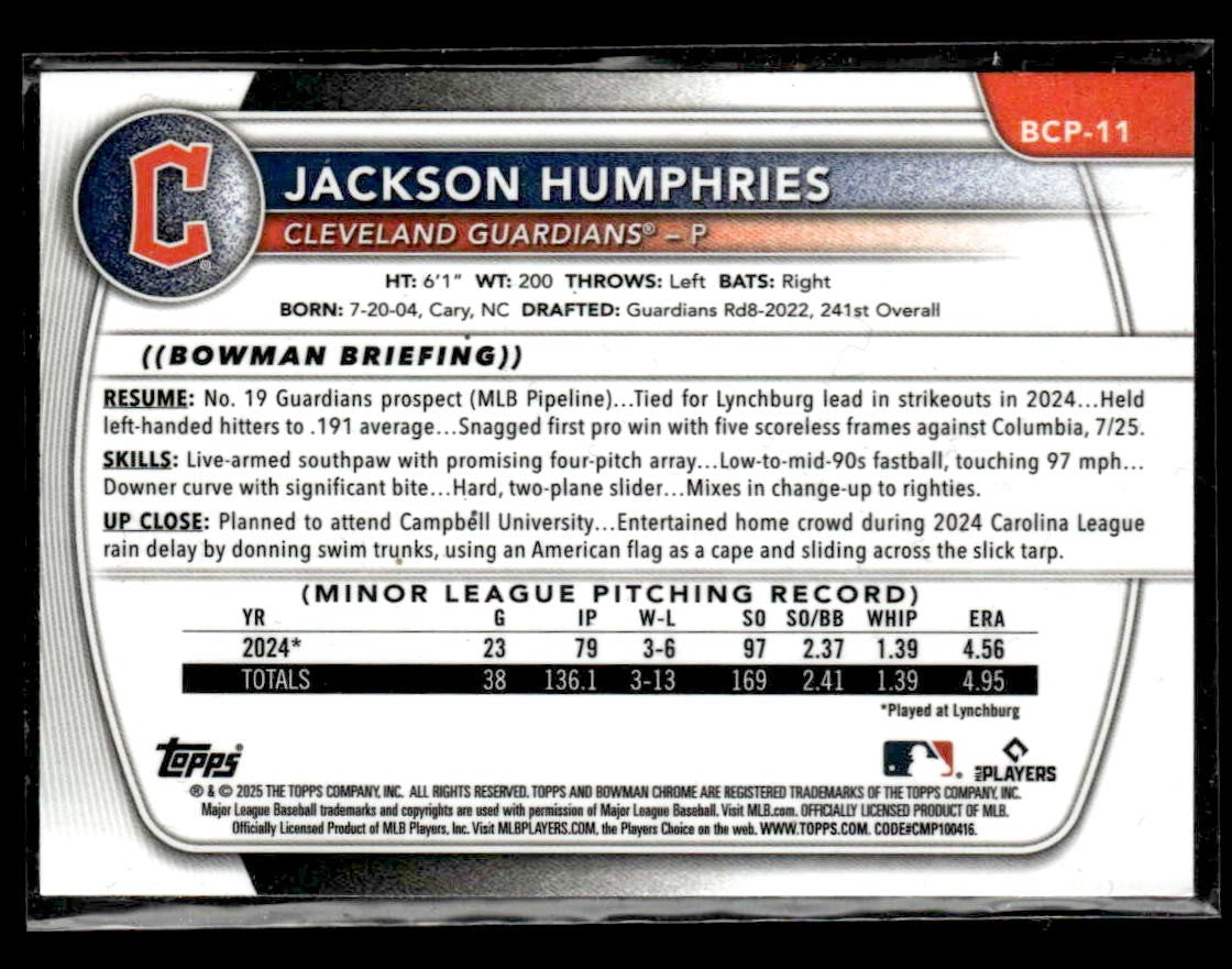 2025 Bowman #BCP-11 Jackson Humphries Chrome Prospects