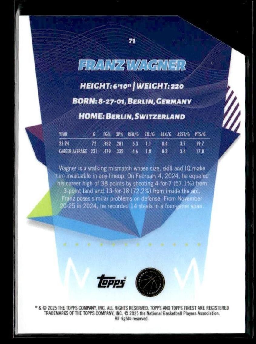 2024-25 Topps Finest #71 Franz Wagner Die-Cut Refractor #/74