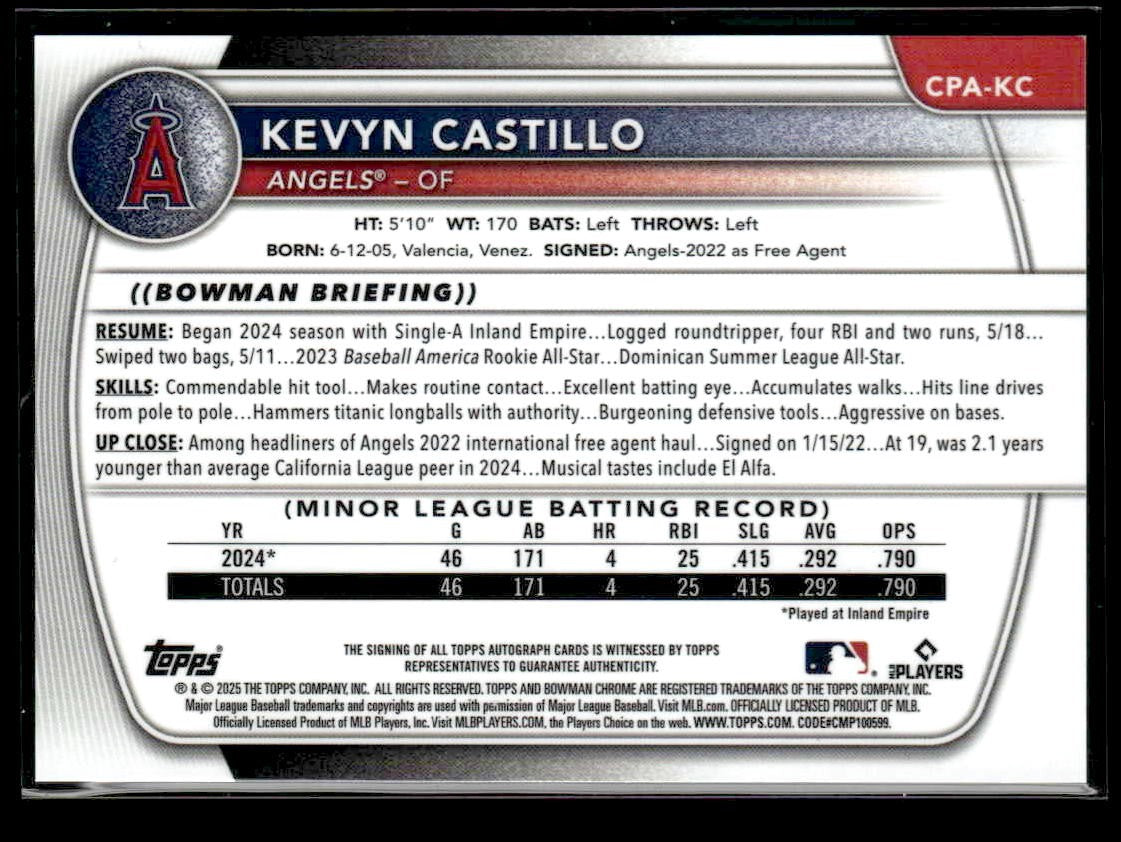 2025 Bowman #CPA-KC Kevyn Castillo Chrome Prospects Autograph