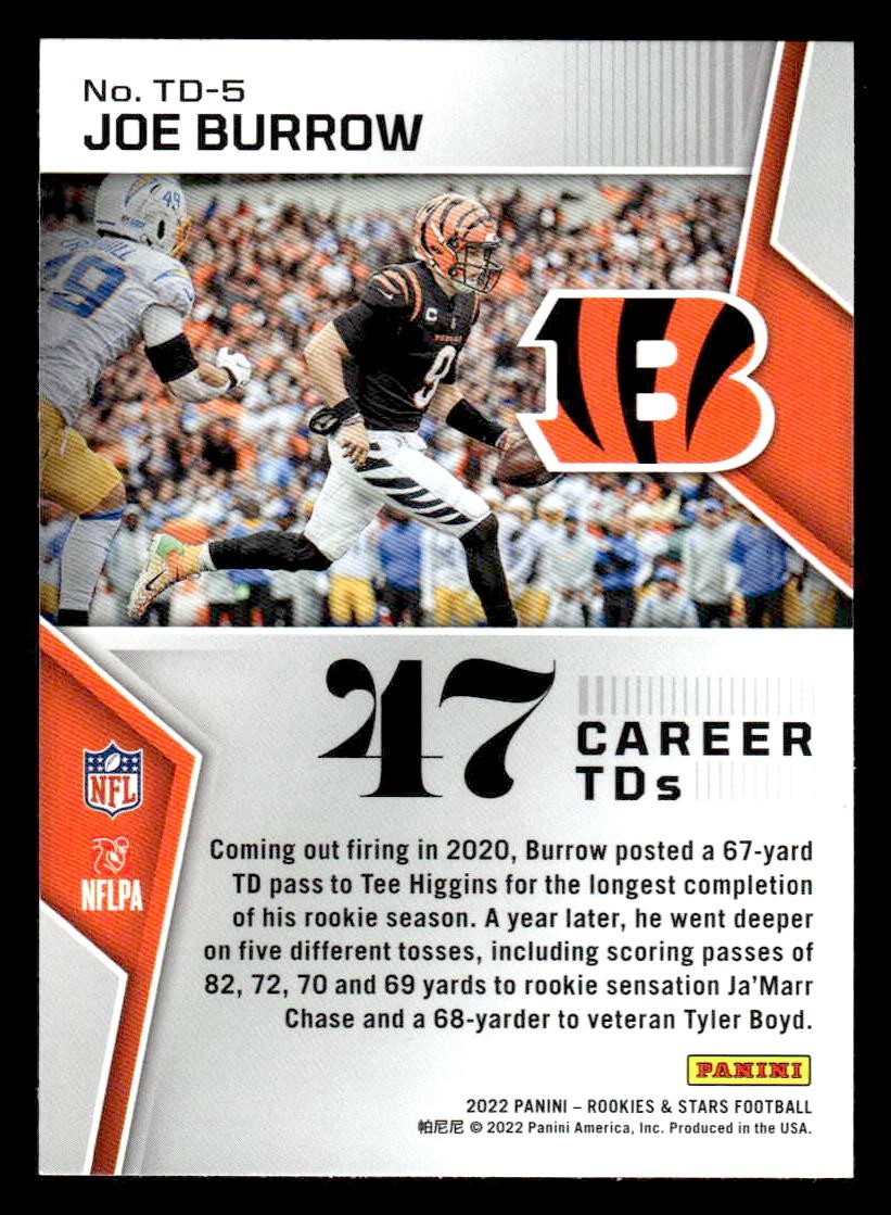 2022 Panini Rookies & Stars #TD-5 Joe Burrow Touchdown Club