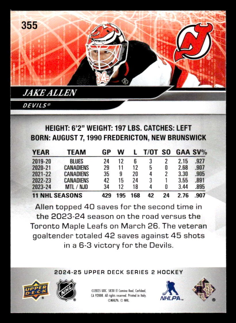 2024-25 Upper Deck #355 Jake Allen
