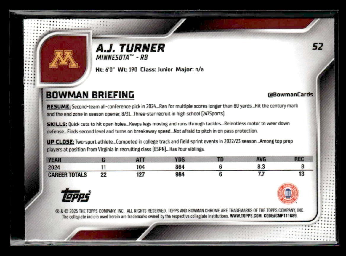 2025 Bowman University Chrome #52 A.J. Turner