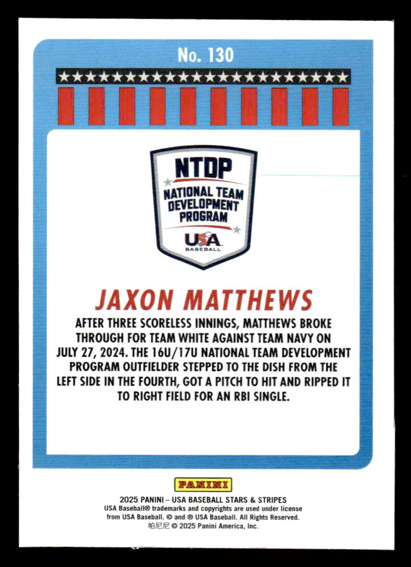 2025 Panini Stars and Stripes USA Baseball #130 Jaxon Matthews