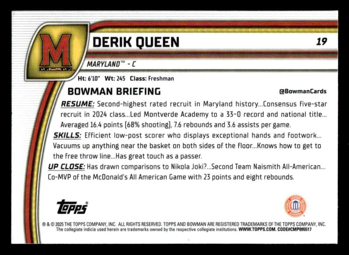 2024-25 Bowman University Chrome #19 Derik Queen