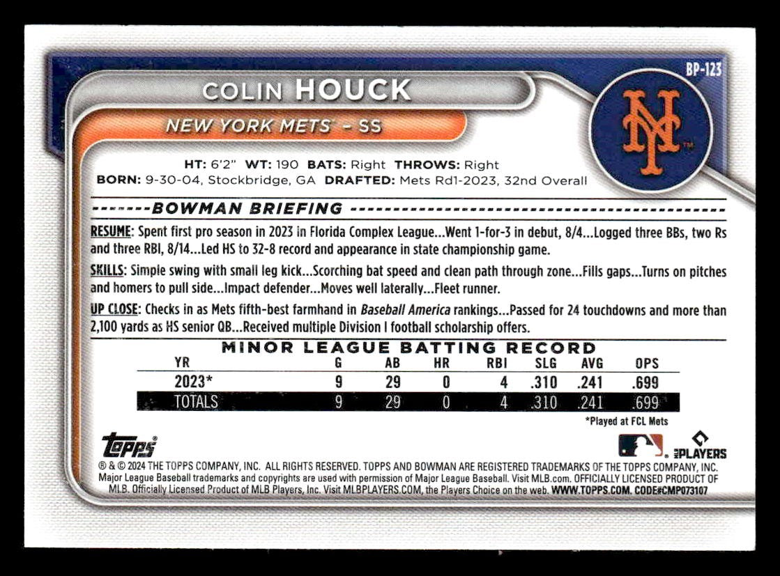 2024 Bowman #BP-123 Colin Houck Prospects