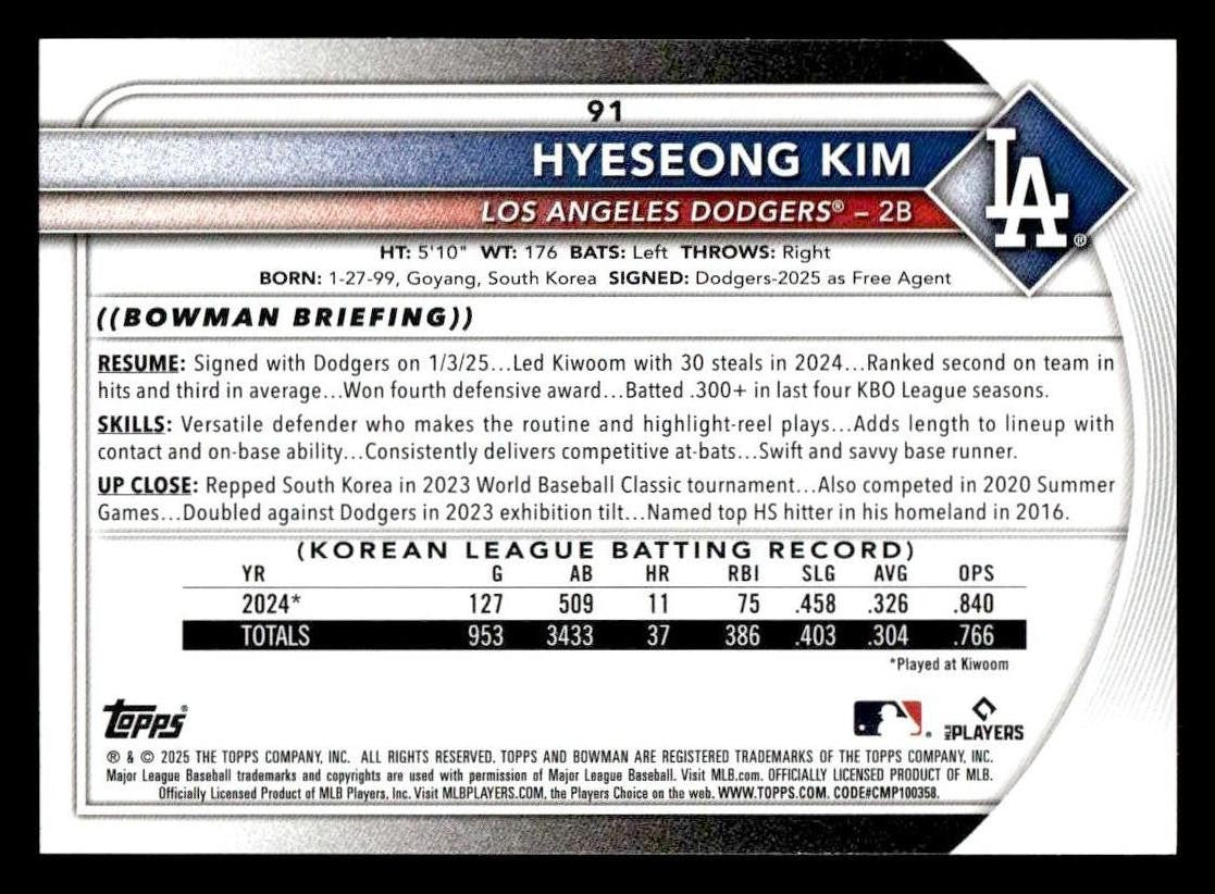 2025 Bowman #91 Hyeseong Kim