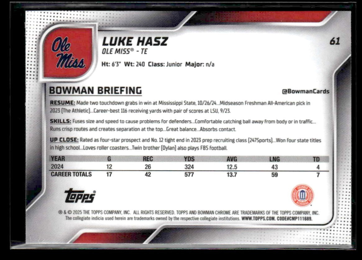2025 Bowman University Chrome #61 Luke Hasz