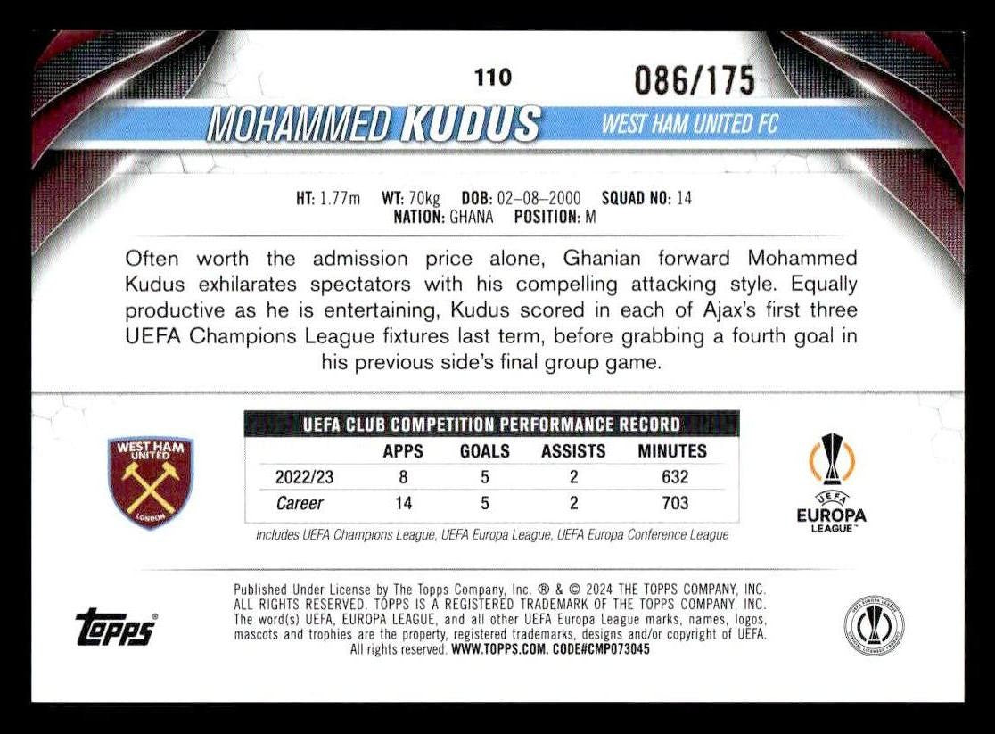 2023-24 Jade Edition UEFA Club Comps #110 Mohammed Kudus #110 Blue Jade #/175