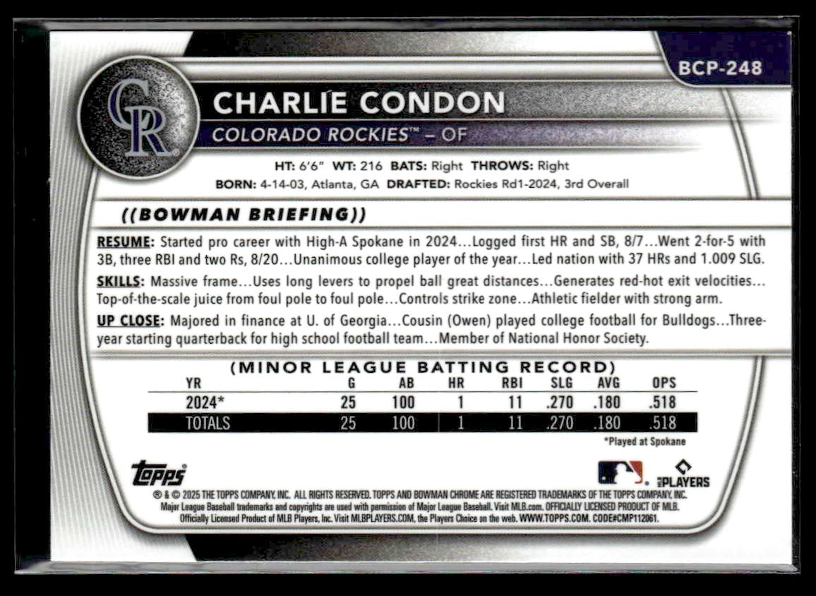 2025 Bowman Chrome #BCP-248 Charlie Condon