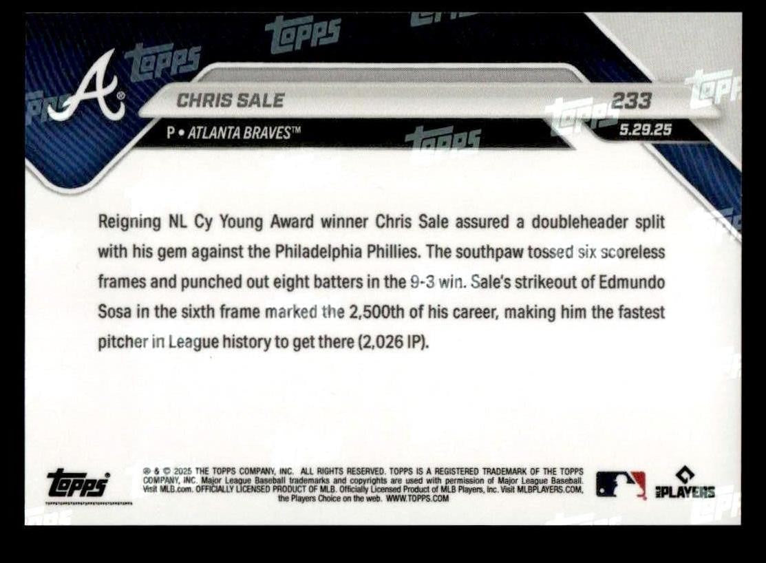 2025 Topps Now #233 Chris Sale Fastest in MLB History to 2,500 strikeouts