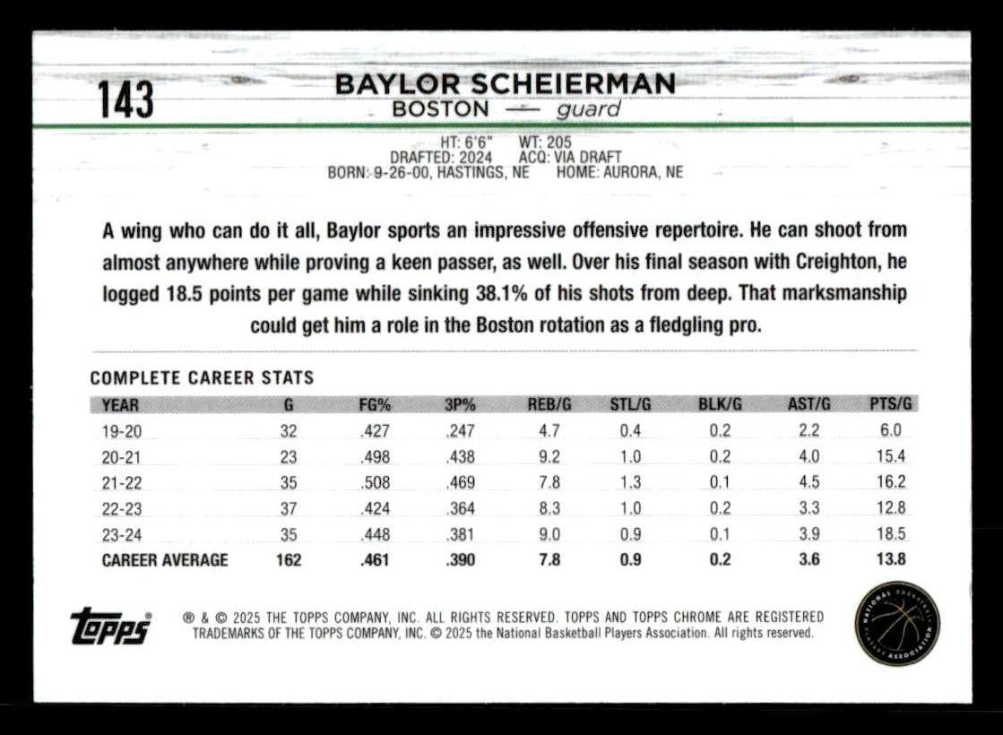 2024-25 Topps Chrome #143 Baylor Scheierman