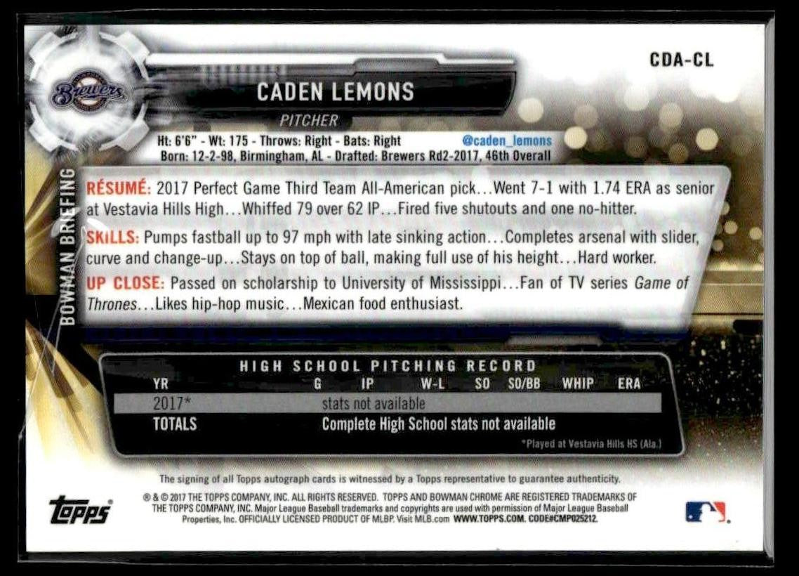 2017 Bowman Draft #CDA-CL Caden Lemons Chrome Draft Pick Autographs