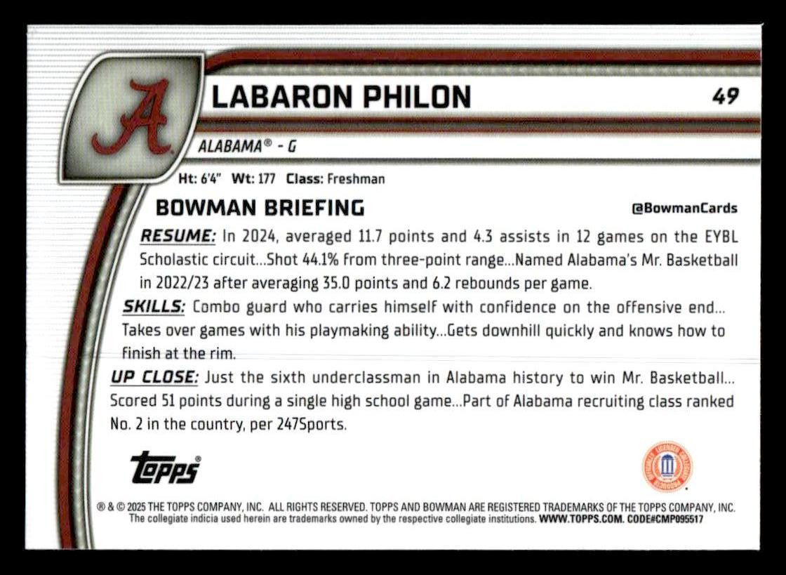 2024-25 Bowman University Chrome #49 Labaron Philon