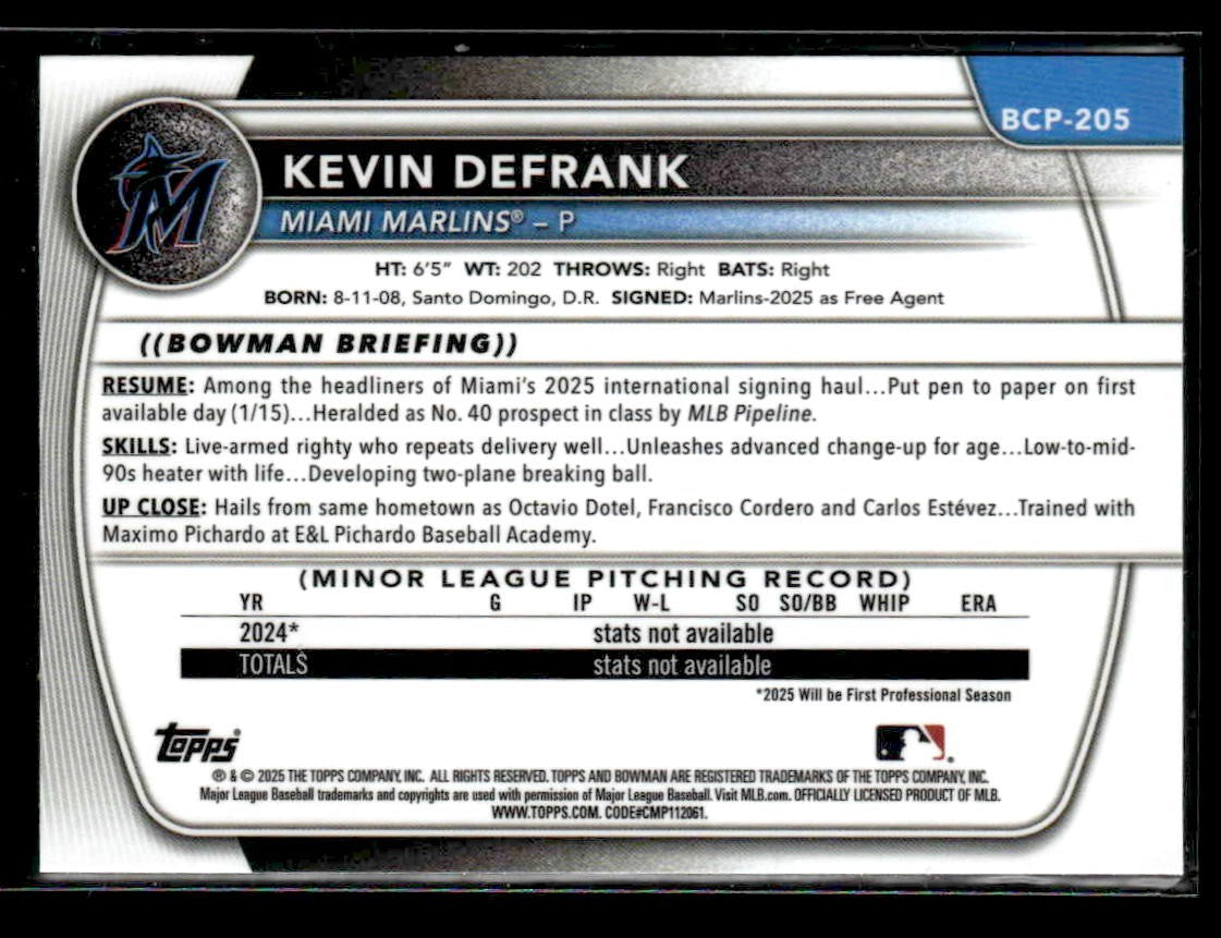 2025 Bowman Chrome #BCP-205 Kevin DeFrank