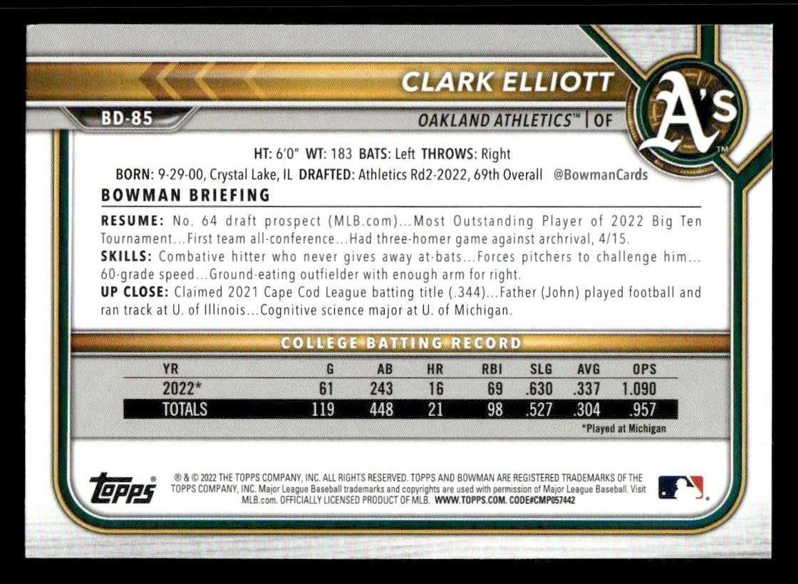 2022 Bowman Draft 1st Edition #BD-85 Clark Elliott