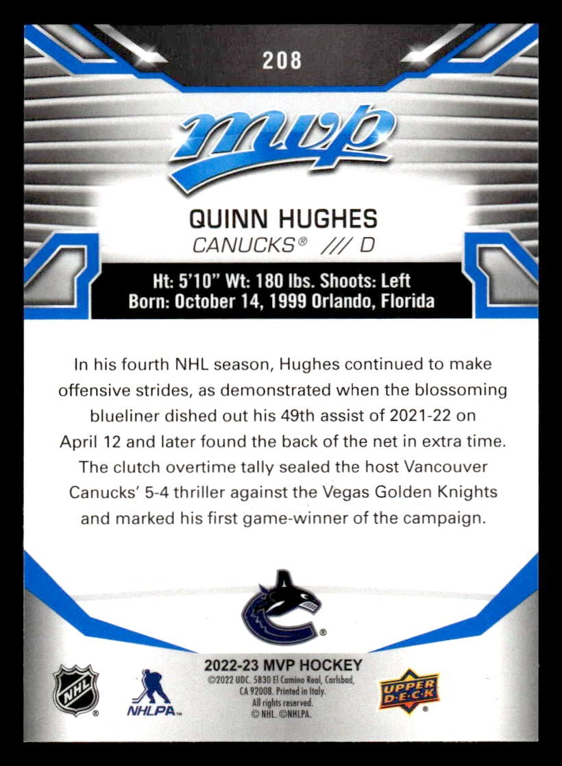 2022-23 Upper Deck MVP #208 Quinn Hughes Blue Script