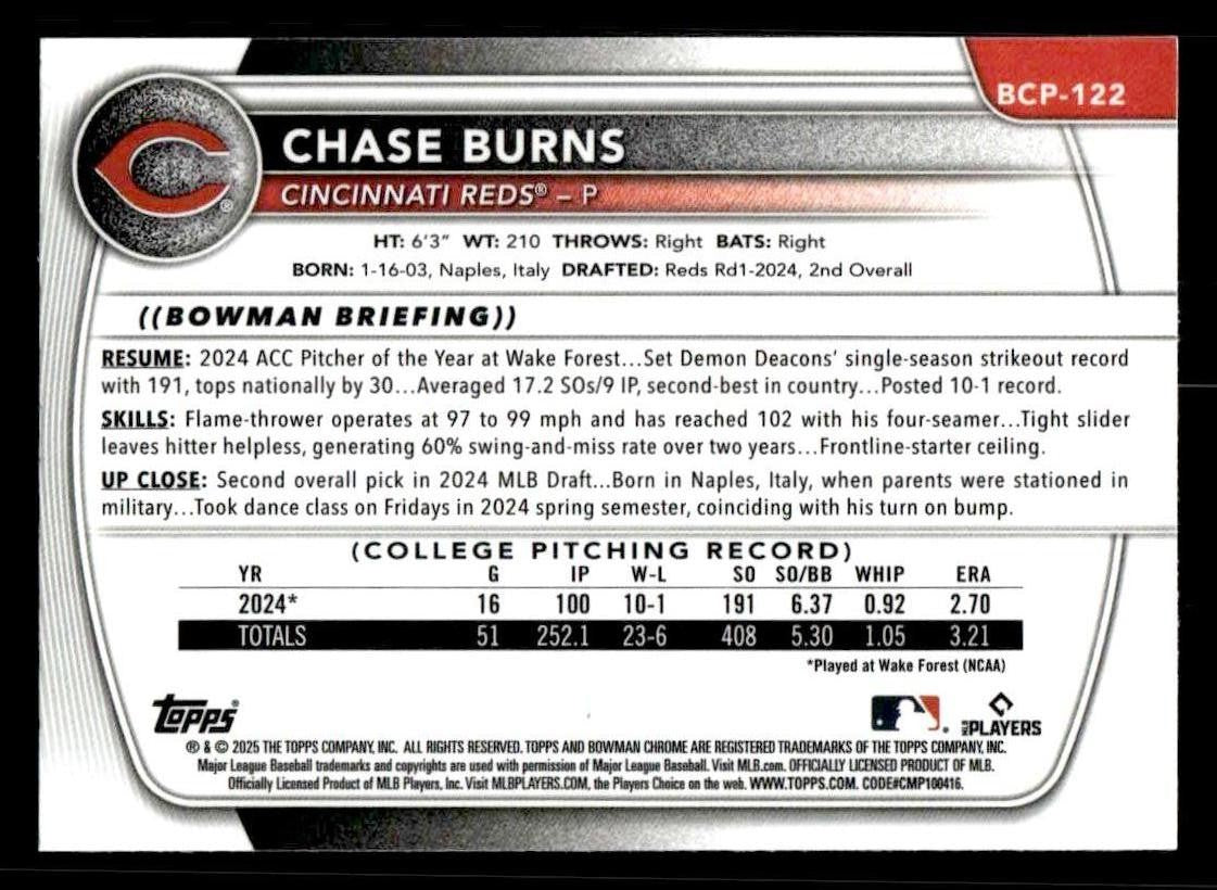2025 Bowman #BCP-122 Chase Burns Chrome Prospects