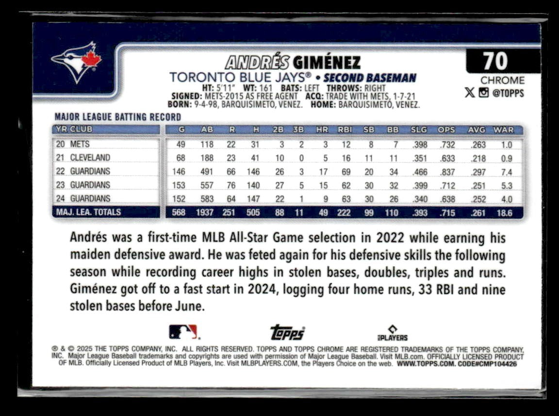 2025 Topps Chrome #70 Andrés Giménez Aqua Refractor #180/299