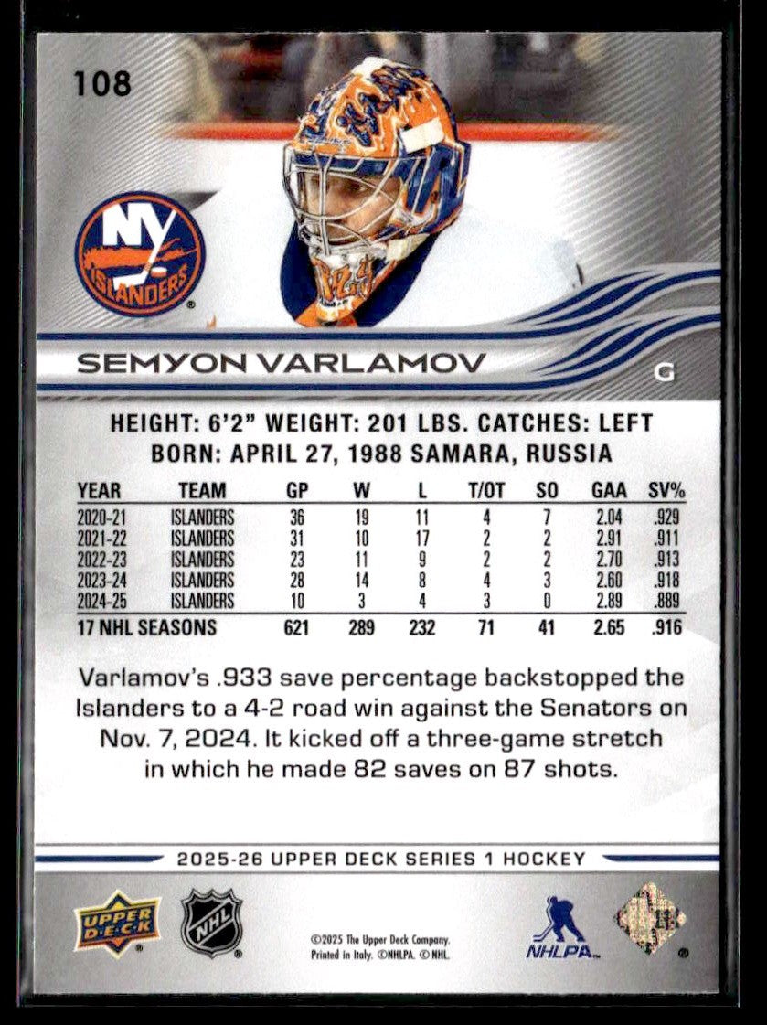2025-26 Upper Deck #108 Semyon Varlamov