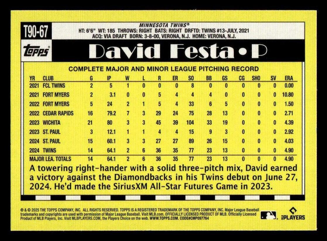 2025 Topps #T90-67 David Festa 1990 Topps Baseball 35th Anniversary