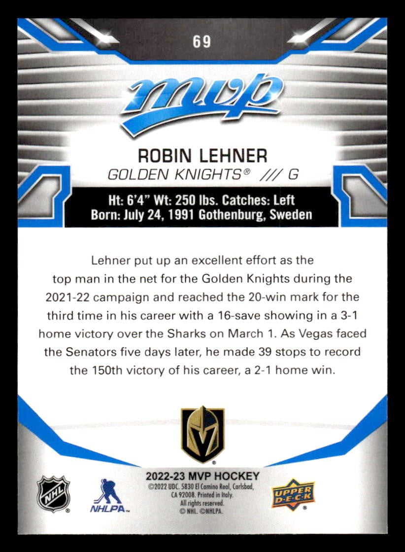 2022-23 Upper Deck MVP #69 Robin Lehner Blue Script