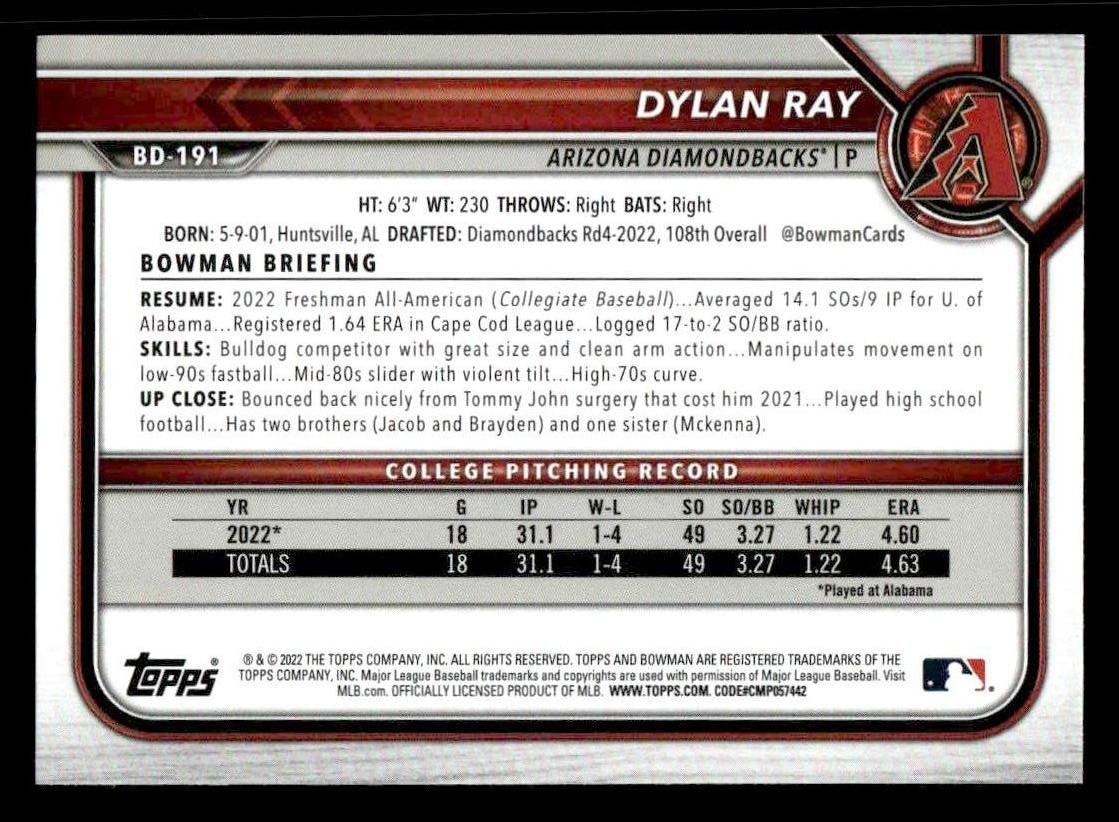 2022 Bowman Draft 1st Edition #BD-191 Dylan Ray Sky Blue
