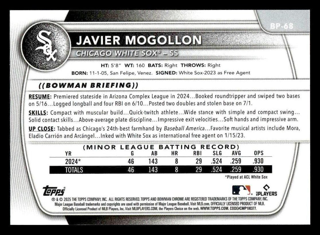 2025 Bowman #BP-68 Javier Mogollon Prospects
