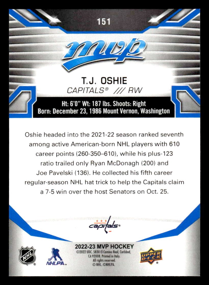 2022-23 Upper Deck MVP #151 T.J. Oshie Blue Script