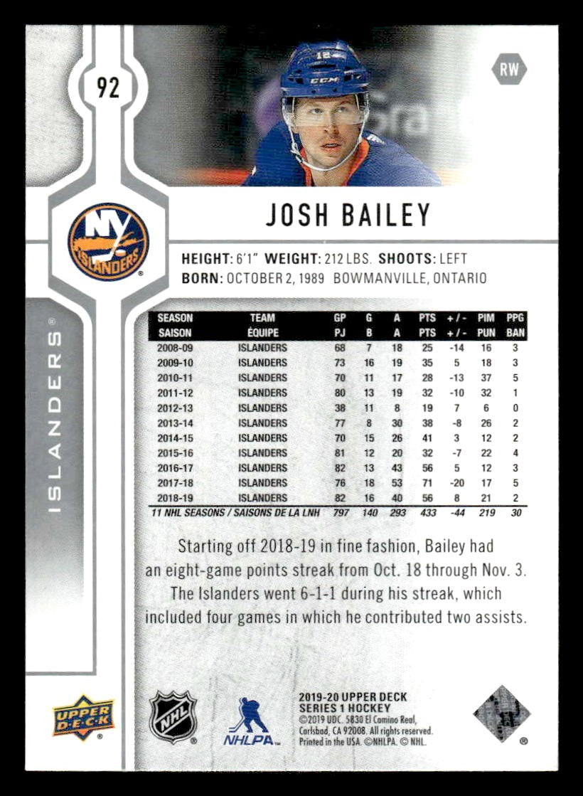 2019-20 Upper Deck #92 Josh Bailey