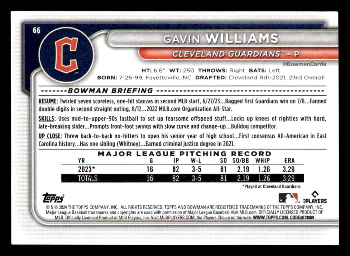 2024 Bowman #66 Gavin Williams