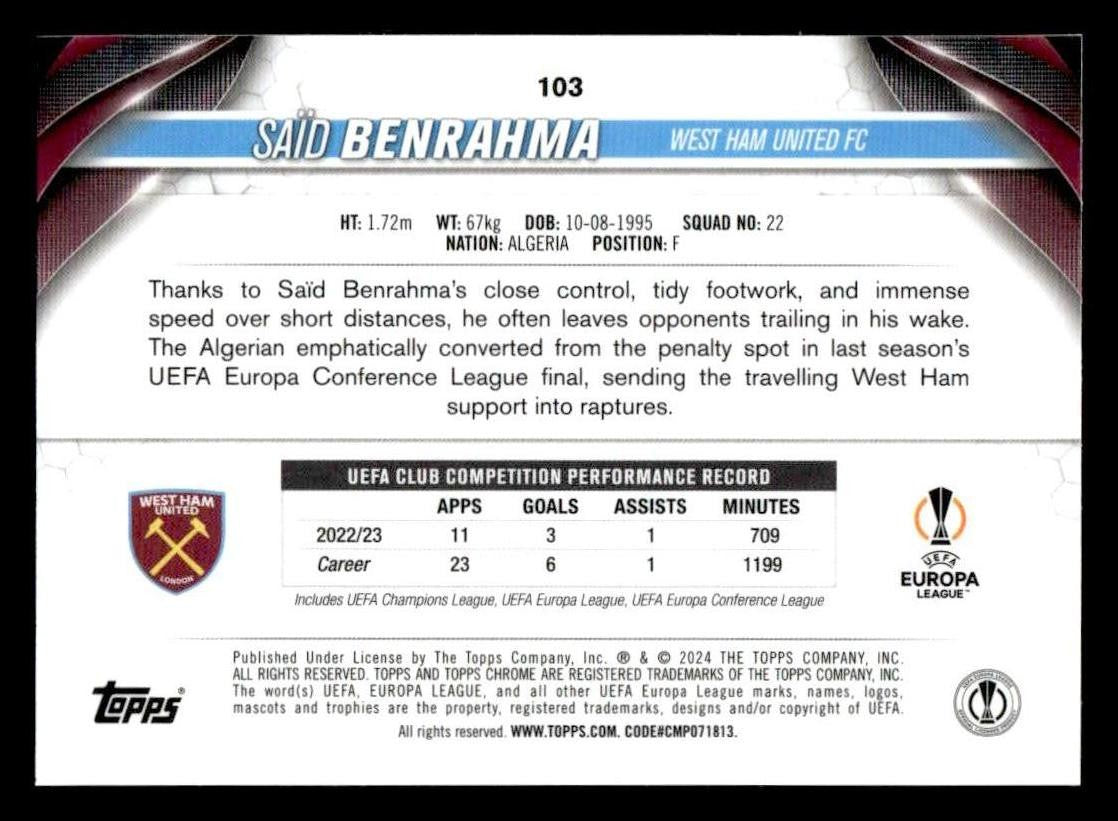 2023-24 Topps Chrome UEFA Club Competitions #103 Saïd Benrahma