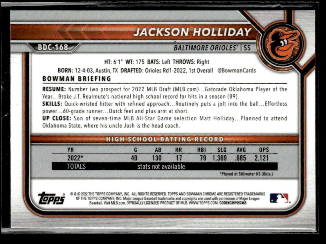 2022 Bowman Draft Sapphire Edition #BDC-168 Jackson Holliday