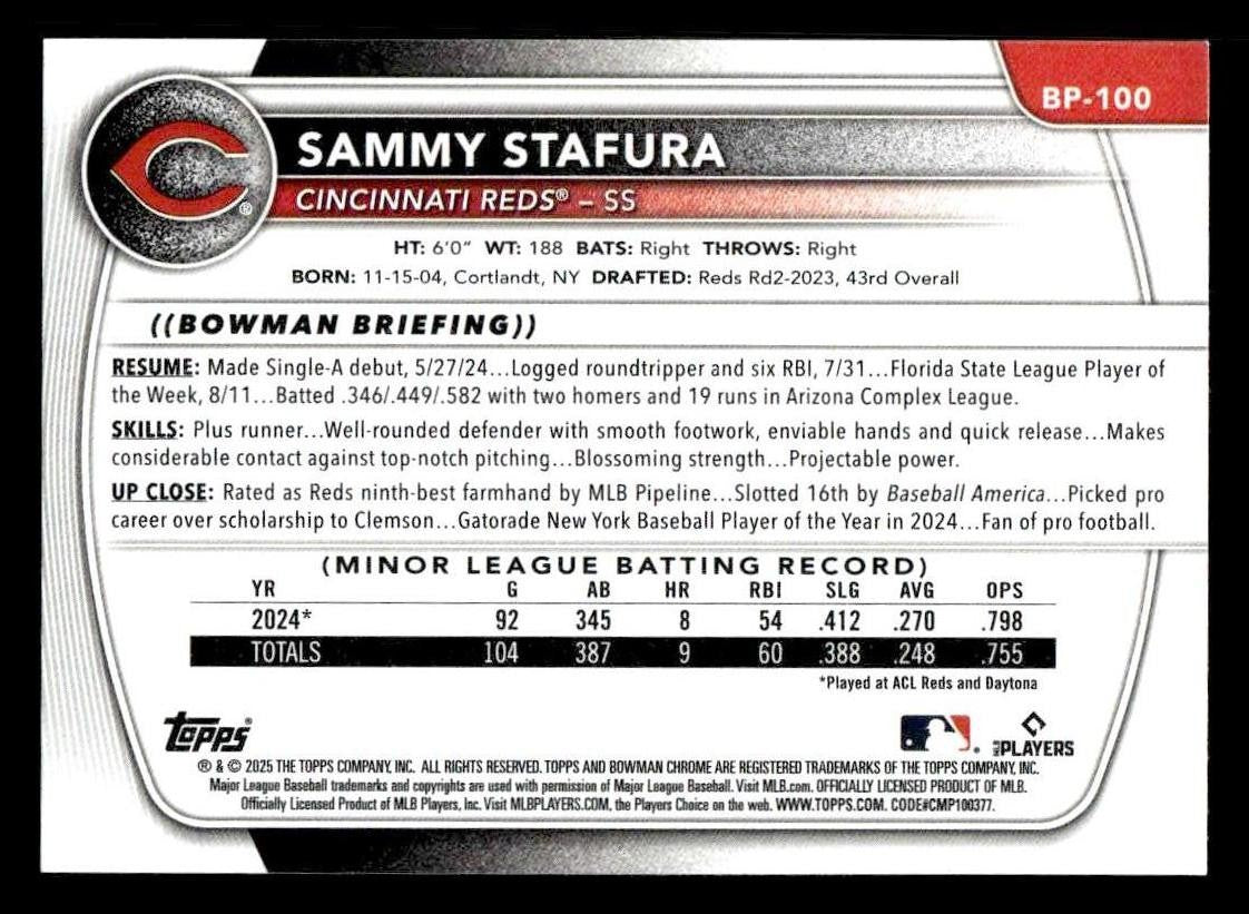 2025 Bowman #BP-100 Sammy Stafura Prospects