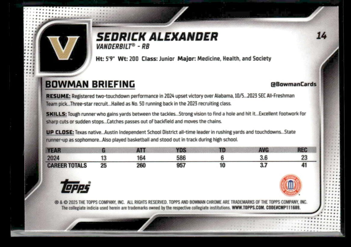 2025 Bowman University Chrome #14 Sedrick Alexander