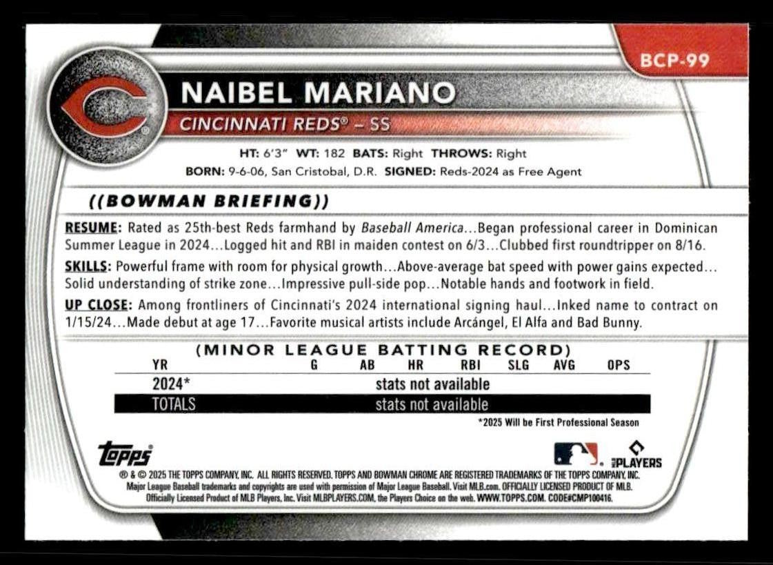 2025 Bowman #BCP-99 Naibel Mariano Chrome Prospects