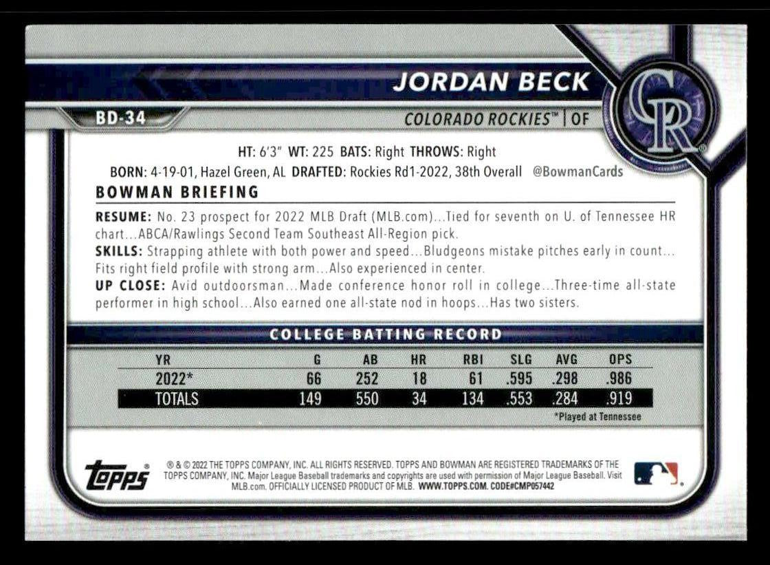 2022 Bowman Draft 1st Edition #BD-34 Jordan Beck