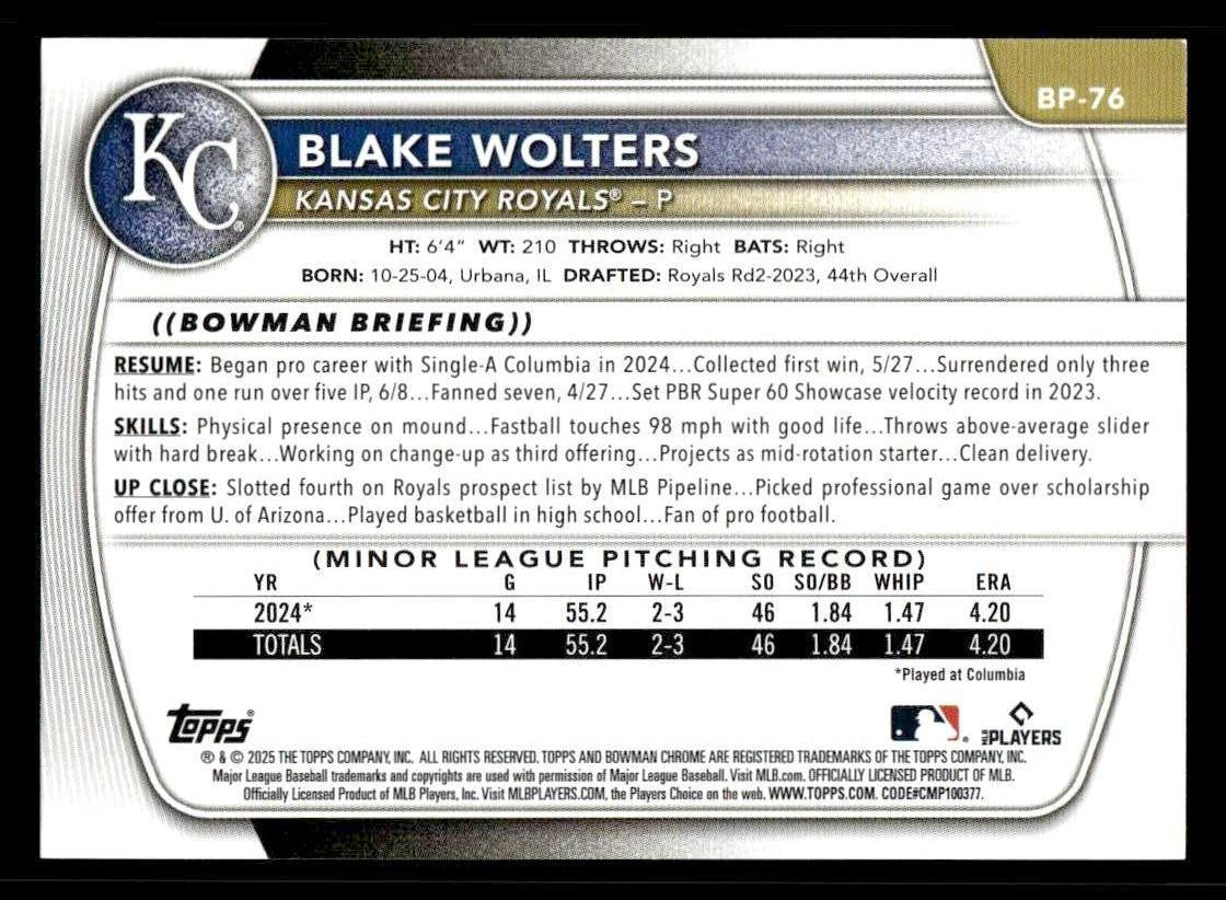 2025 Bowman #BP-76 Blake Wolters Prospects