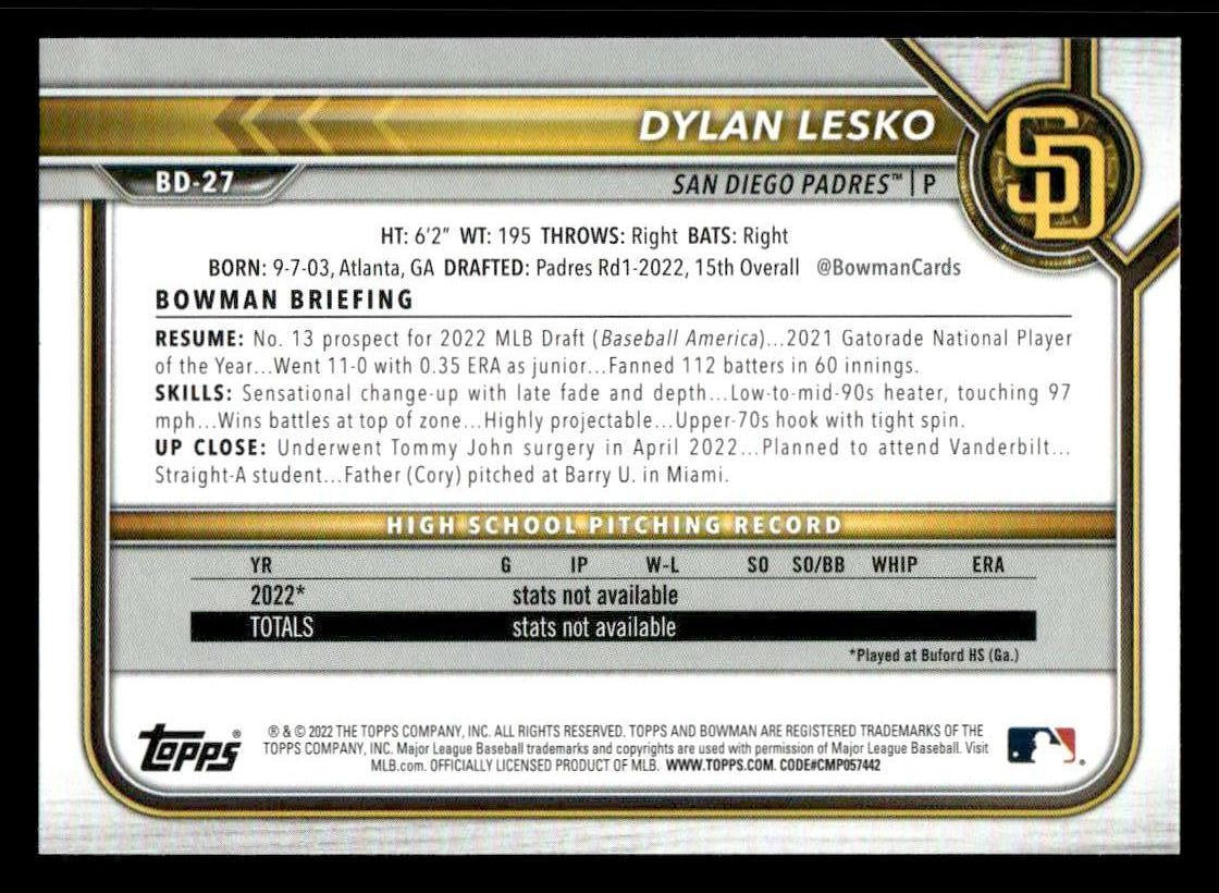 2022 Bowman Draft 1st Edition #BD-27 Dylan Lesko